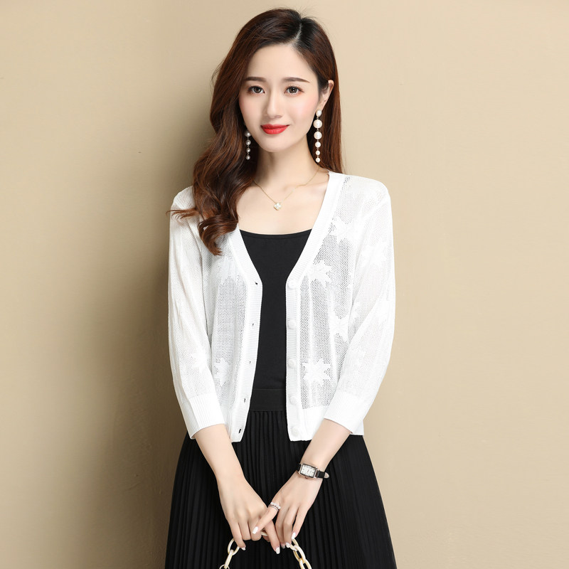 恒源祥桑蚕丝针织开衫女短款宽松大码薄外套中袖配裙子小披肩夏季