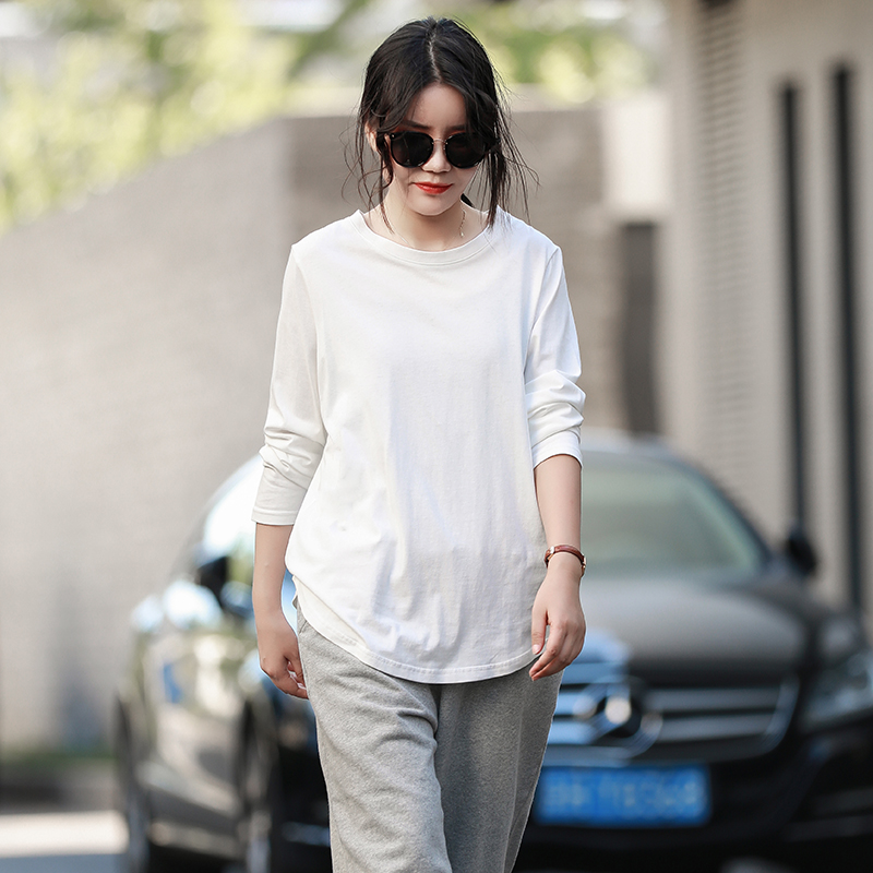 有机棉 搭配衣服好看干净白色t恤女长袖内搭初秋叠穿小心机打底衫