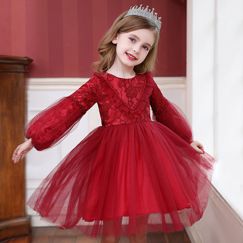 儿童裙子女秋冬女童公主裙洋气蓬蓬纱新年装童装小女孩连衣裙红色
