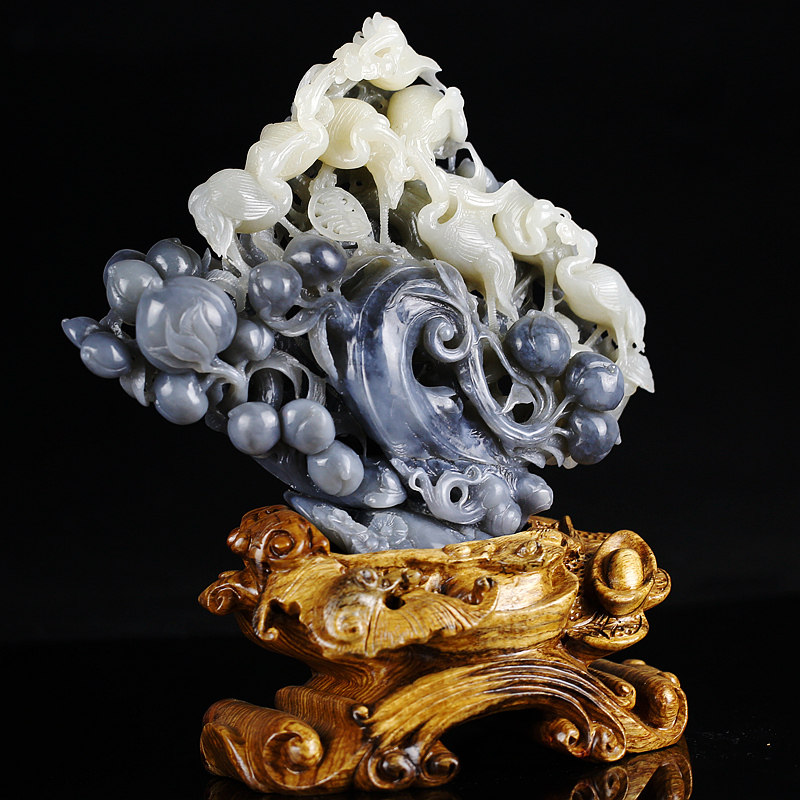 玉雕名家钟山作品 和田玉青玉花开富贵摆件 1.4kg