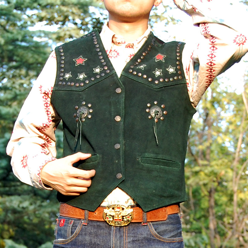 热销美国西部牛仔马甲_vintage复古着绿色美国西部牛仔铆钉马甲优惠券