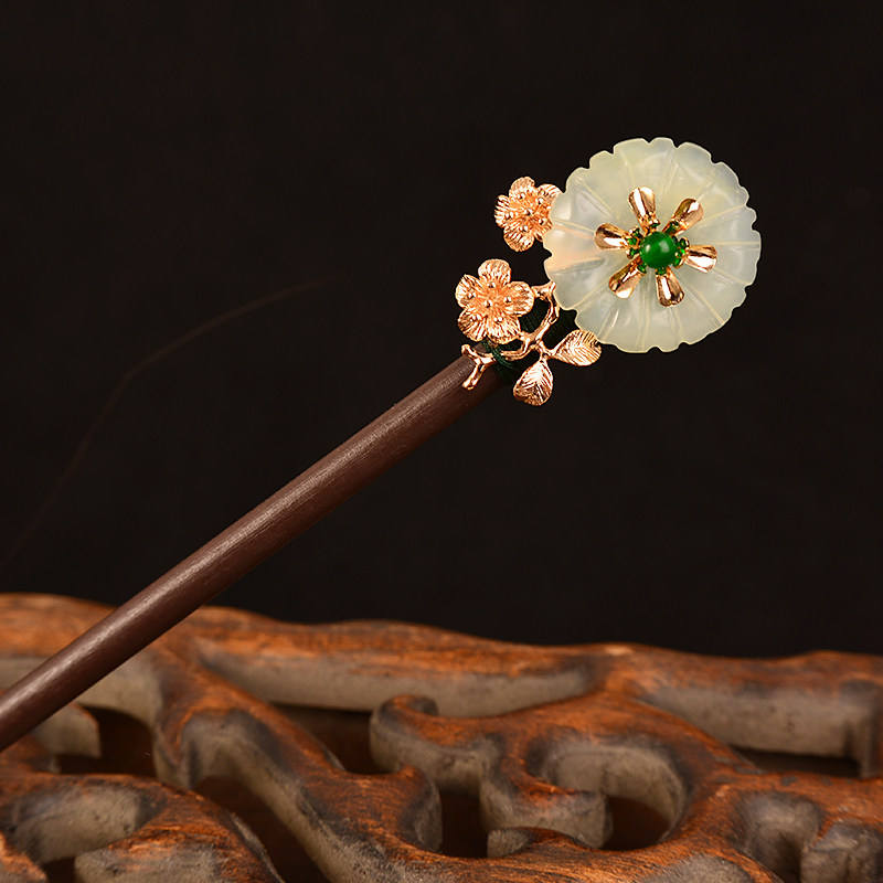 旗袍簪子古风简约发簪女步摇流苏岫玉木簪盘发扎发丸子头气质发饰