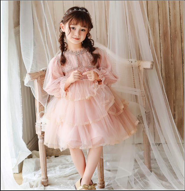 包邮 女童连衣裙2019秋季新款小香风泡泡袖娃娃领洋气公主裙蛋糕裙