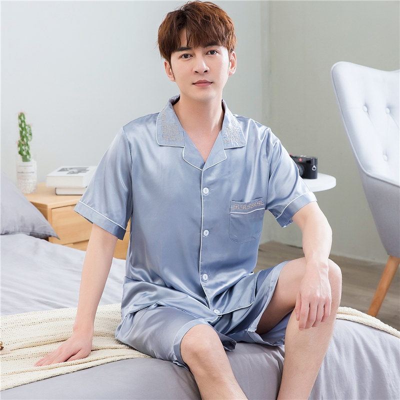 睡衣男夏冰丝短袖可外穿家居服套装丝绸短裤睡衣男士春秋大码休闲