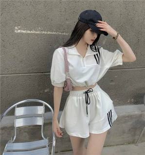 网红运动风套装女夏季抽绳短款上衣韩版高腰宽松开叉短裤两件套潮