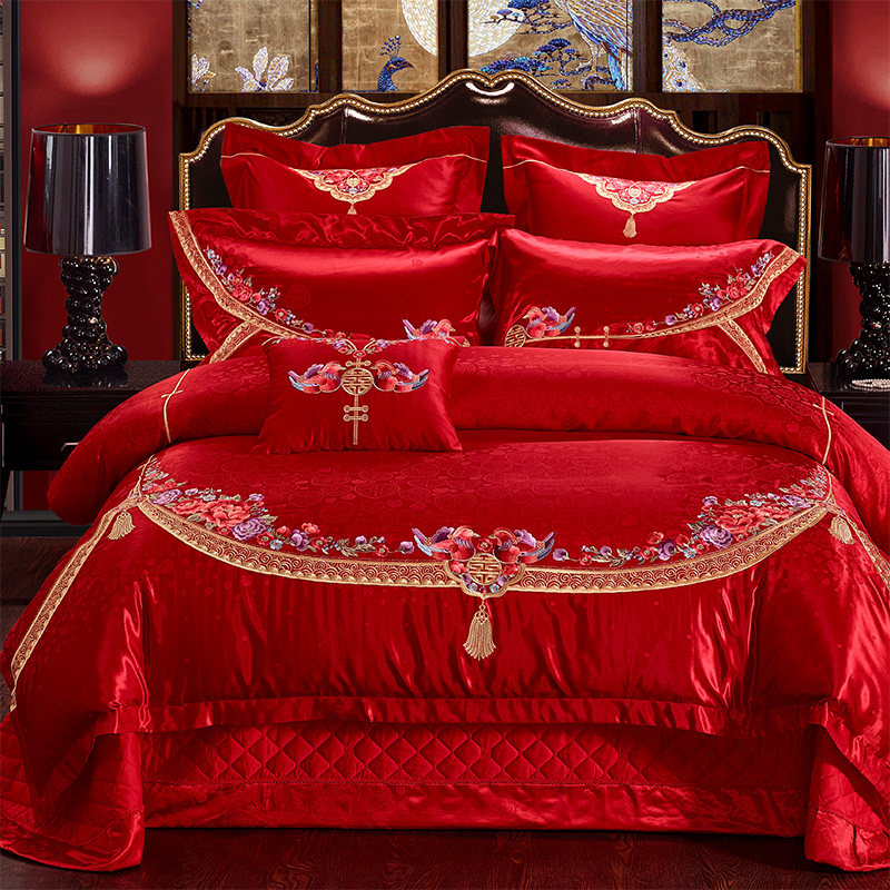 婚庆床上用品四件套贡缎结婚被罩婚房百子图床单六件套婚房多件套