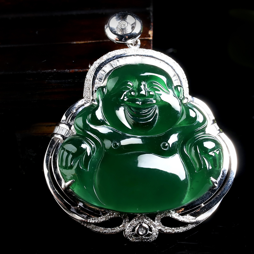 18k金伴钻镶嵌天然缅甸翡翠a货玉佛吊坠11.51g