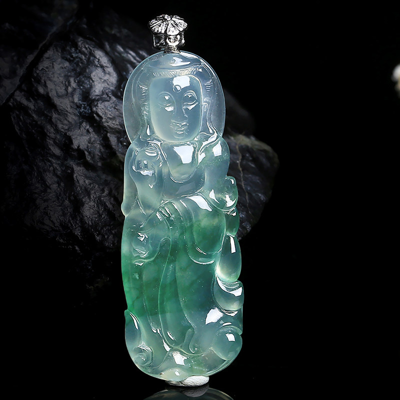 18k金镶嵌 天然缅甸翡翠a货冰种观音吊坠 6.91克