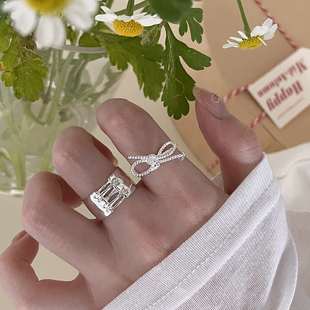 925纯银蝴蝶结绑带珍珠戒指女轻奢小众设计高级感指环开口可调节