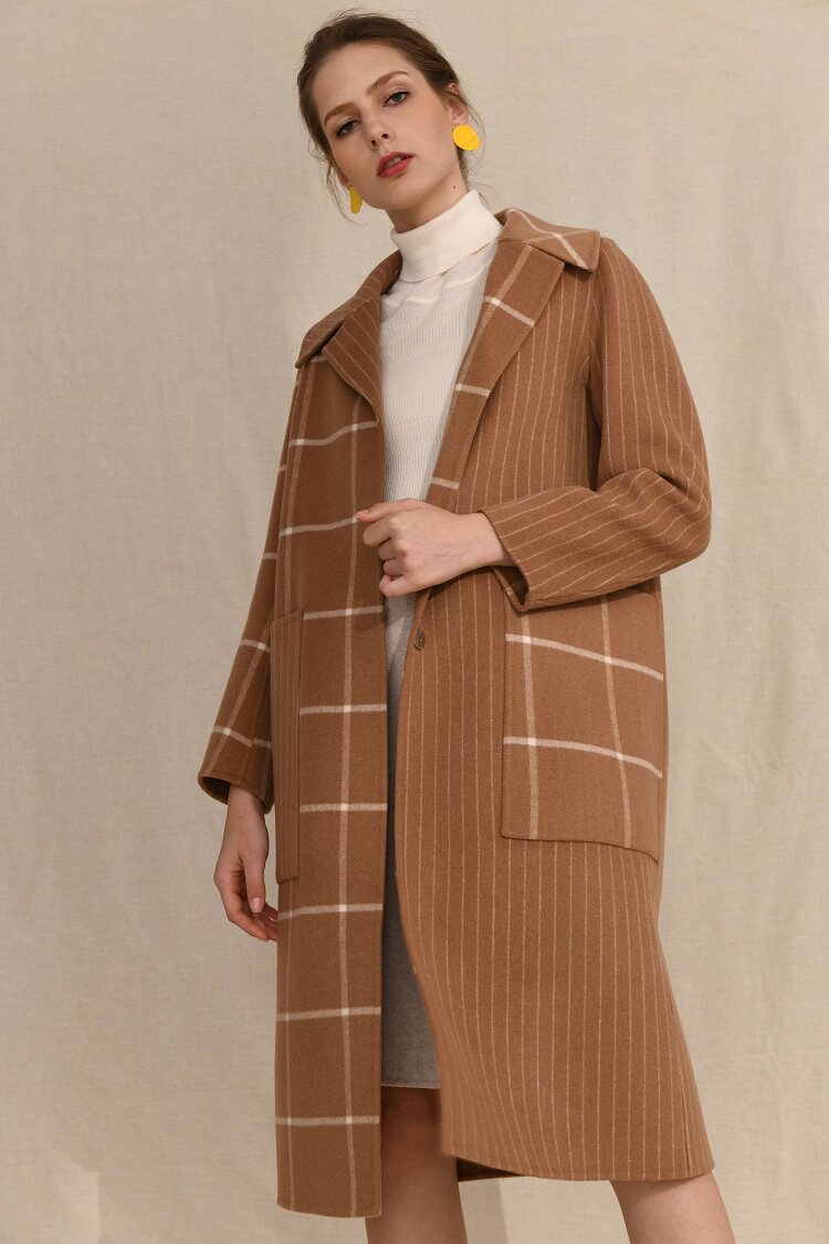 拼色格子长款翻领双面毛呢羊绒大衣外套女裁剪图纸样板型来料加工