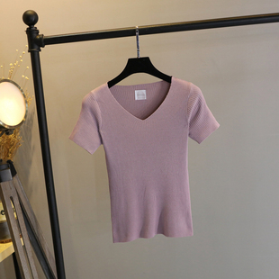 2024夏季紫色T恤女短款V领针织套头冰丝短袖薄修身春秋装打底衫潮