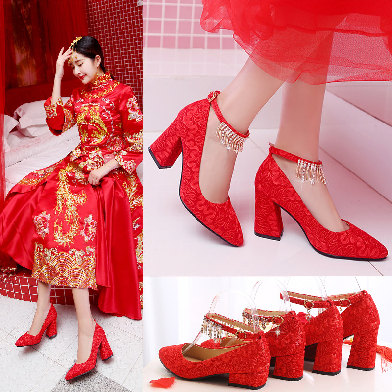 红鞋婚鞋女红色高跟中式结婚鞋子粗跟婚纱照婚礼新娘鞋敬酒秀禾鞋
