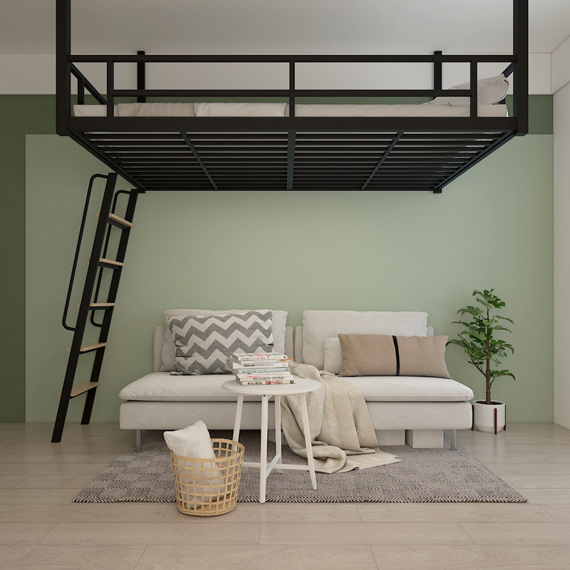 挂壁式单上层高架床双人半高床铁质现代简约小户型loft家用阁楼床