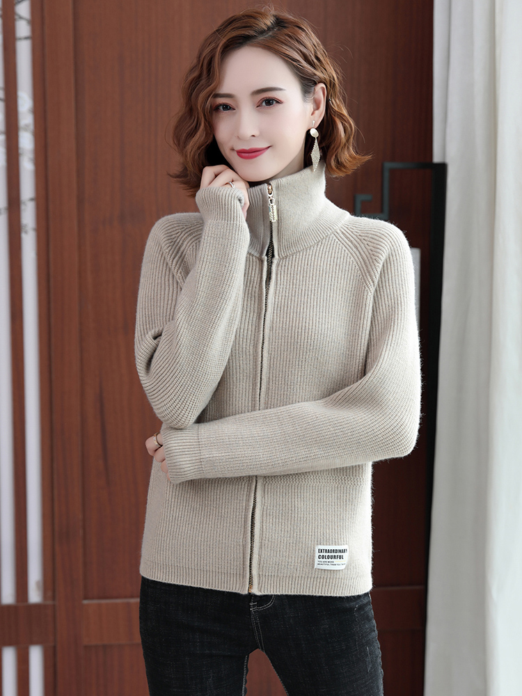 鄂尔多斯市针织衫女开衫短款立领羊绒羊毛衫宽松大码女装毛衣外套