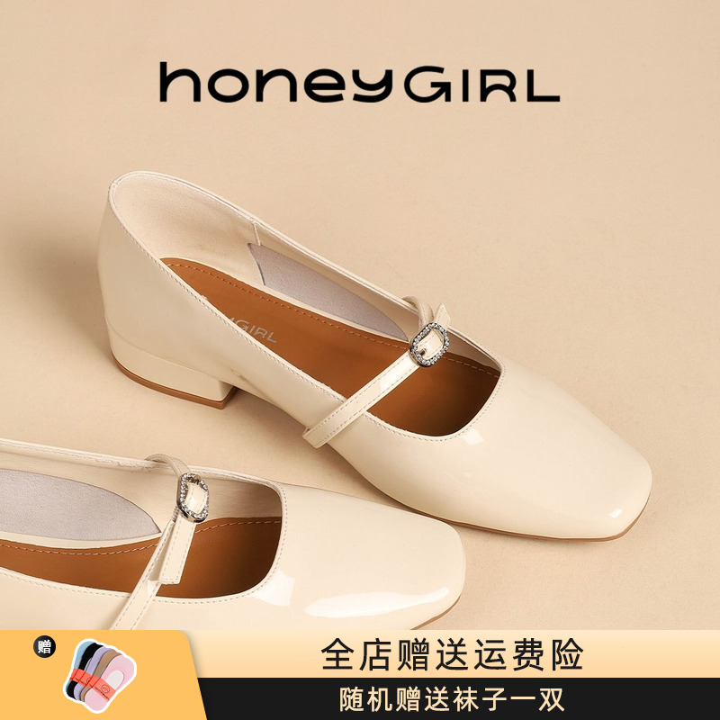 HoneyGIRL复古浅口玛丽珍女鞋2024新款春秋季方头脚蹬低跟单鞋