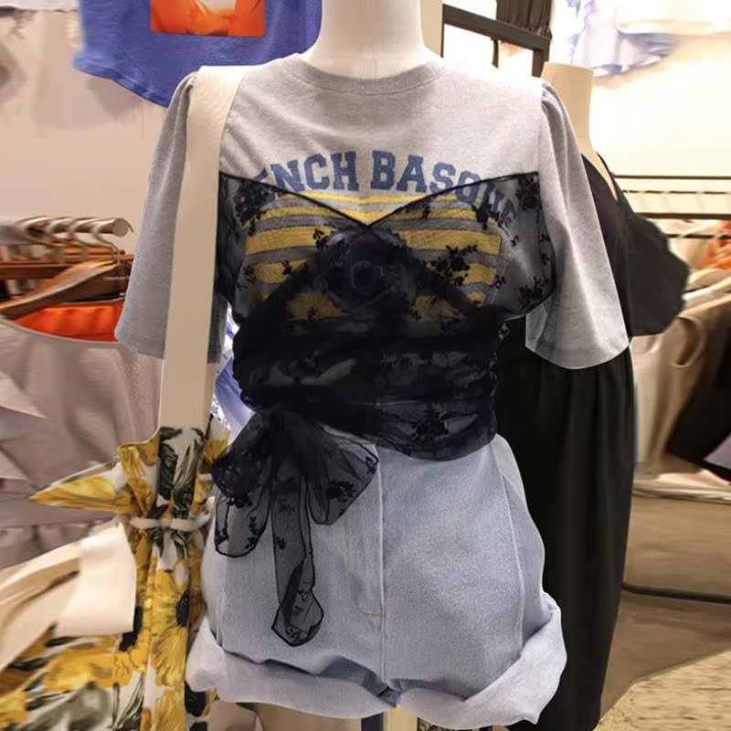 上衣2020韩版短袖字母印花T恤女新款蕾丝拼接收腰显瘦绑带体恤在类目 女装/女士精品, T恤中 - 来自Buy2taobao.com提供专业的淘宝代购服务