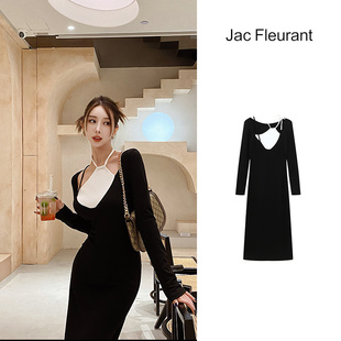 Jac Fleurant设计师修身黑白拼色绑带长款连衣裙秋冬