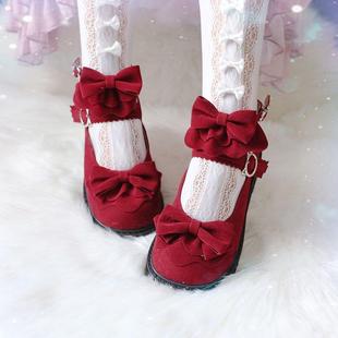 新款红色婚鞋洛丽塔高跟圆头皮鞋lo中跟可爱舒适小皮鞋女玛丽珍鞋