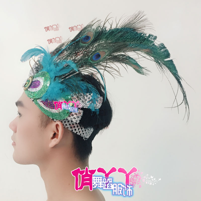 银色傣族舞蹈头饰比赛舞台演出民族傣族孔雀舞蹈头饰男生雀之羽