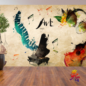 彩色钢琴吉他乐器音乐艺术背景墙壁纸定制壁画复古唯美工作室墙纸