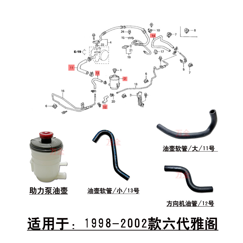 适用于1998~2002款六代雅阁方向机转向助力泵回油管油壶进油软管