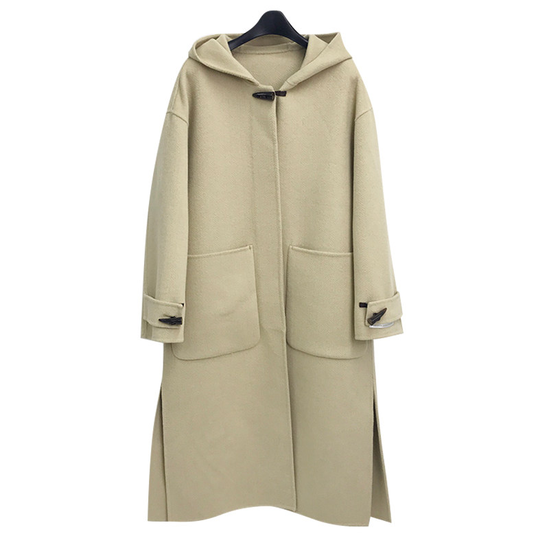 连帽牛角扣手缝双面羊绒大衣女中长款人字纹宽松2020新款毛呢外套