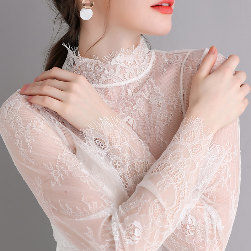 白色高领蕾丝透明罩衫气质打底衫