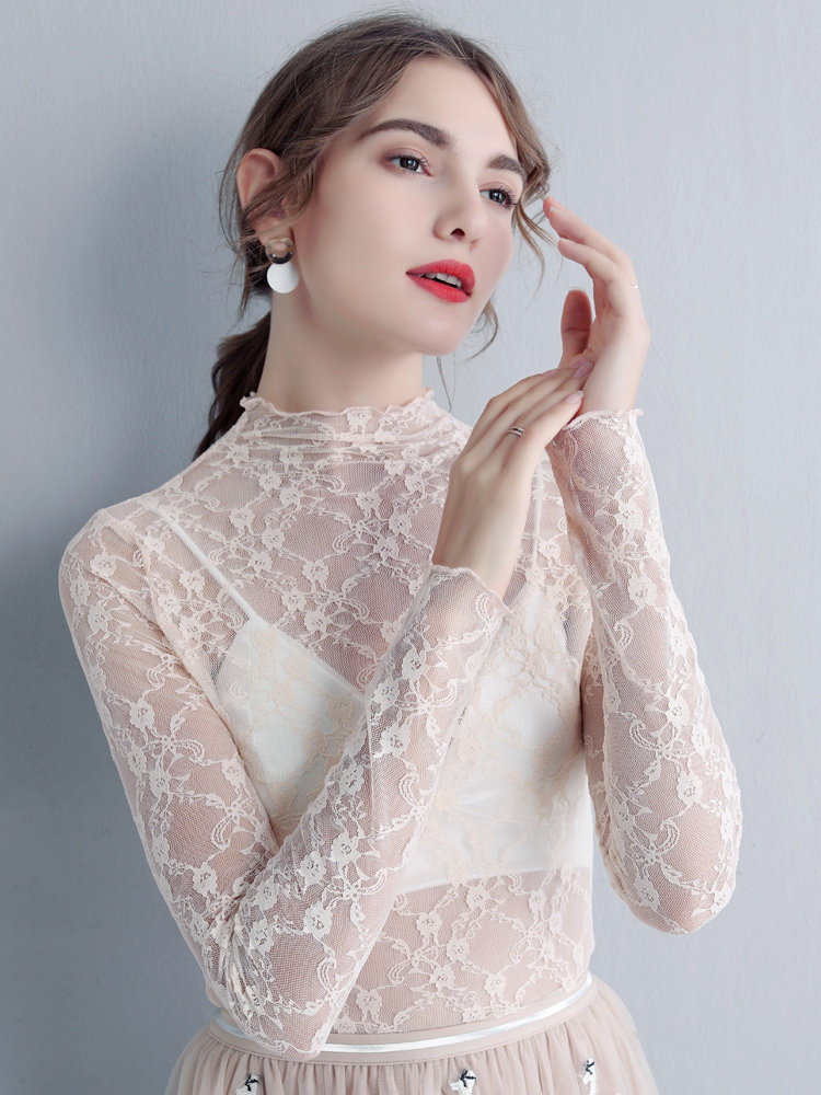 透明半高领白色蕾丝打底衫女2021新款内搭沙衣洋气网纱上衣薄纱