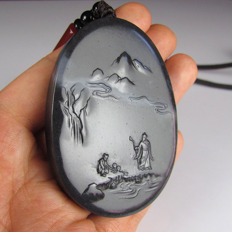 【水墨青花】和田玉黑白俏色 山水人物意境牌子挂件 73.60克