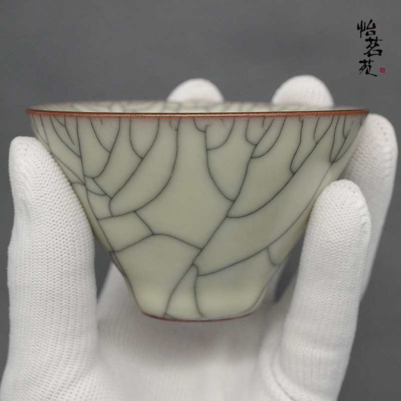龙泉青瓷王文手工高档哥窑开片红胎猪油冻主人杯品茗泡茶斗笠单杯