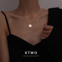 小众复古简约高级感K金色双层圆牌吊坠项链女ins潮冷淡风锁骨颈链