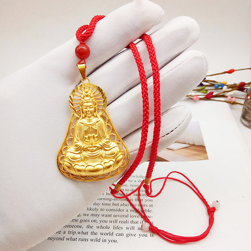 新款沙金观音吊坠亚光铜镀金仿真3d硬金项链挂坠男久不掉色送红绳浩饰