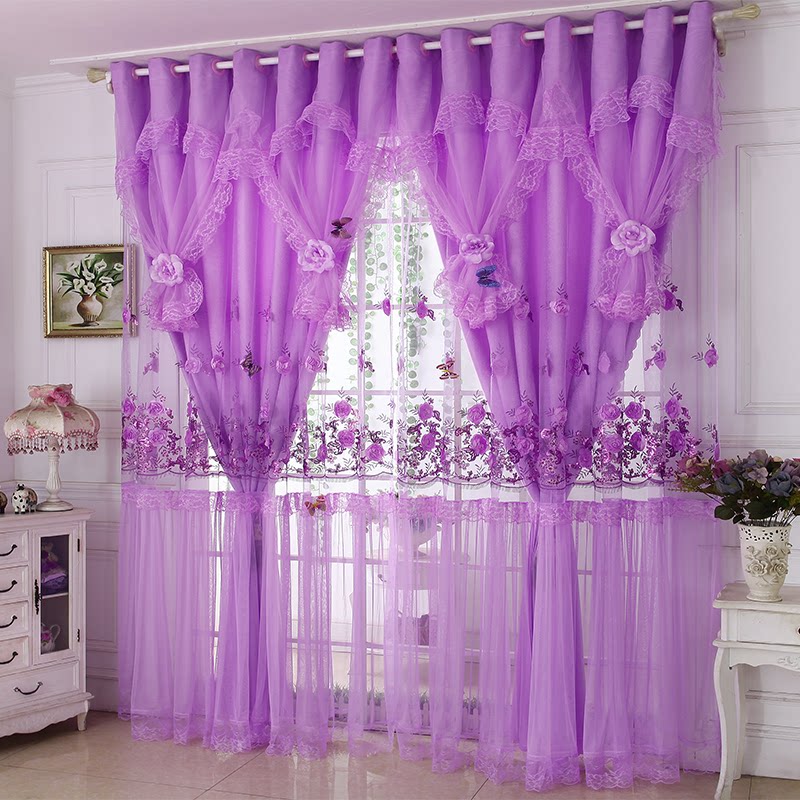 韩式蕾丝窗帘成品温馨梦幻紫色粉色结婚半遮光客厅卧室百搭落地窗