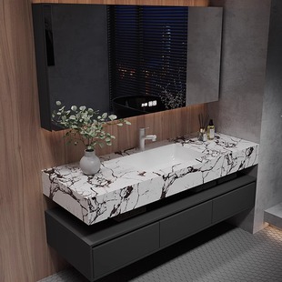 北欧轻奢浴室柜岩板一体盆现代简约双盆洗手池洗脸盆卫生间洗漱台