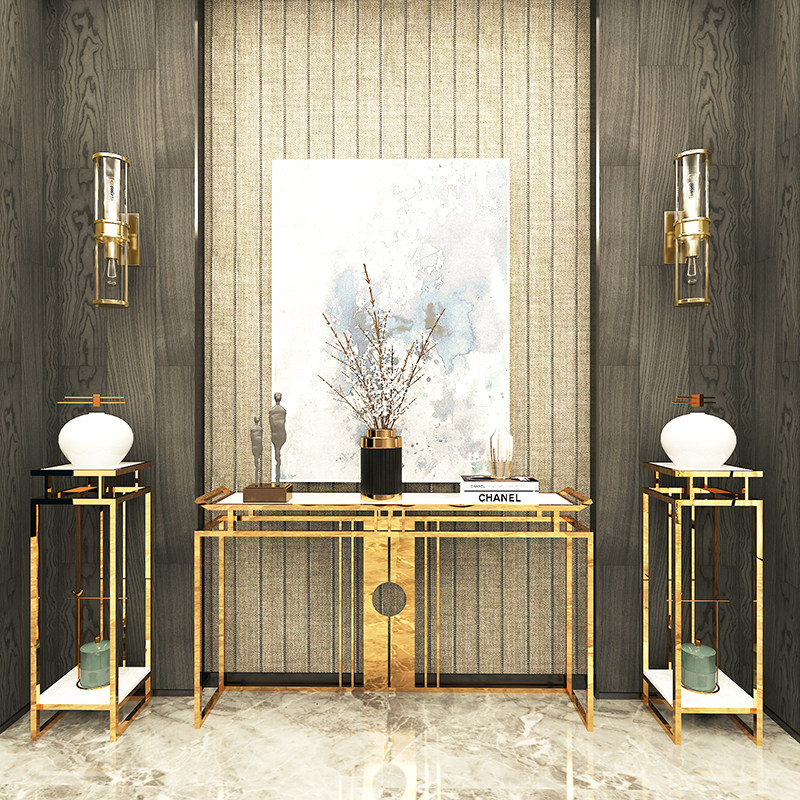 新中式轻奢不锈钢大理石玄关桌花架入户大堂玄关台酒店过道端景台