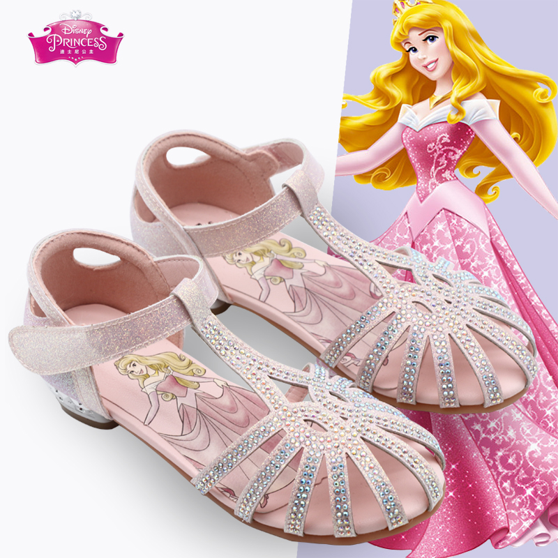 迪士尼儿童凉鞋2024新款女孩公主凉鞋女童亮晶晶软底包头高跟凉鞋