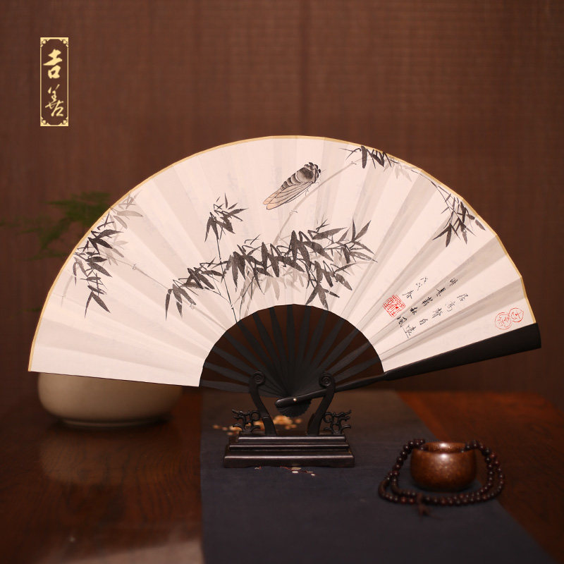 吉善扇子中国风书画男扇子手绘山水折扇仿乌木竹扇礼品宣纸扇包邮