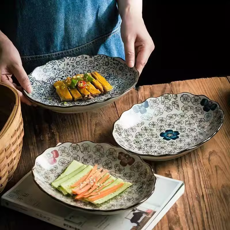 日式复古釉下彩陶瓷椭圆菜盘子家用鱼盘饭馆酒店炒菜盘微波炉烤箱