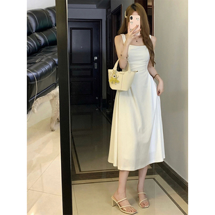 TYST法式白色吊带连衣裙女夏款新款收腰显瘦高级感领证长裙小个子