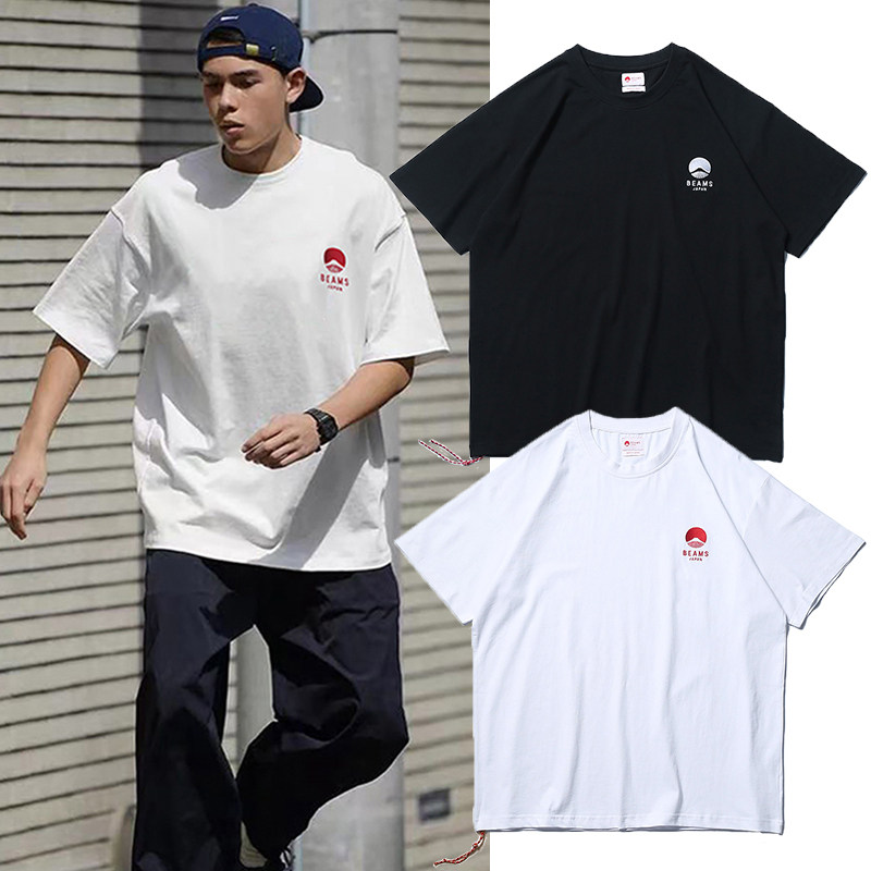 beams经典富士山刺绣t恤日系潮牌余文乐夏季男士宽松大码落肩短袖