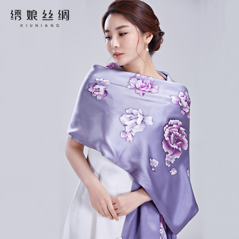 绣娘丝绸刺绣围巾牡丹手绘真丝苏绣披肩春秋季长款苏绣花丝巾女士