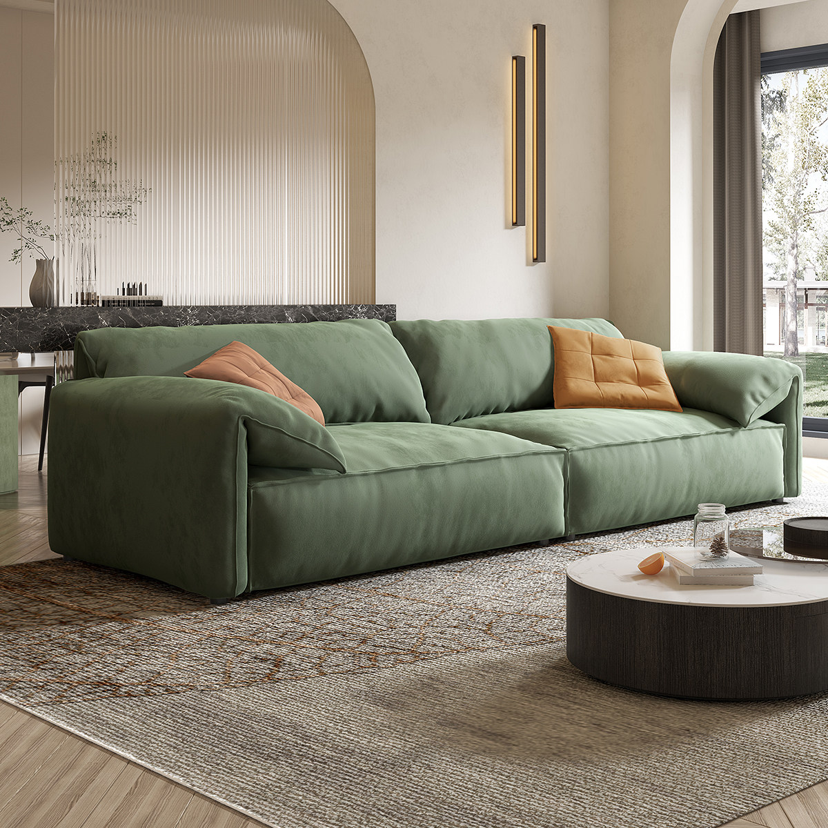 点缀意式极简豆腐块布艺沙发客厅北欧绿色绒布baxter大象耳朵沙发