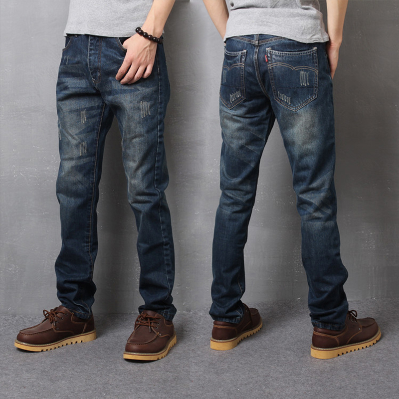 2017秋季新款復古牛仔褲男士鼕季加絨寬松青年修身直筒休閑長褲子