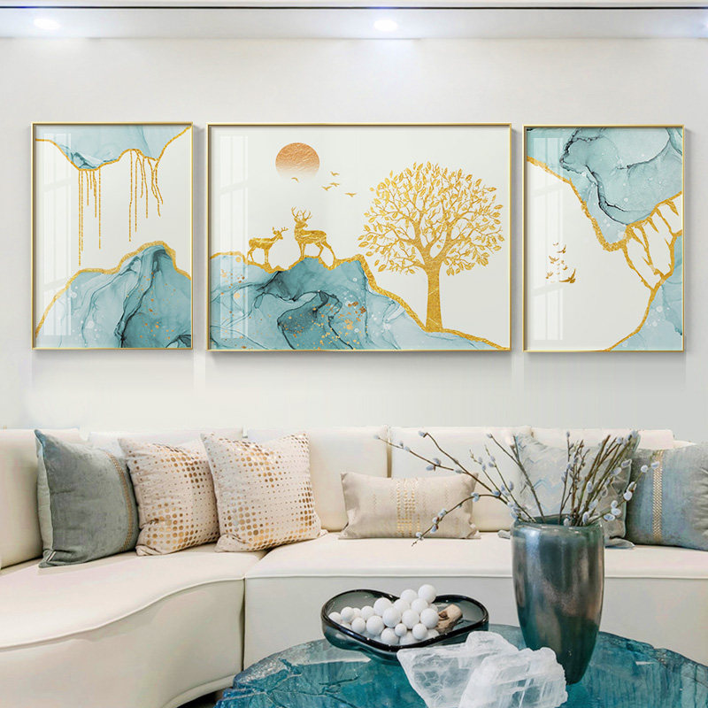 客厅装饰画简约现代轻奢抽象鹿三联画北欧风沙发背景后面墙上挂画
