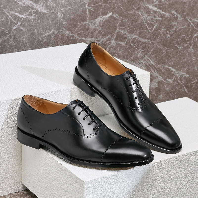 圣尼约德手工固特异英伦真皮琴底方头雕花牛津商务正装皮鞋黑色