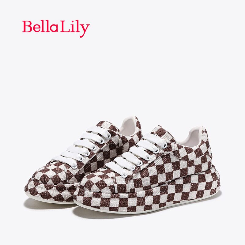 新品优惠券30元bellalily2022夏新款满钻棋盘格休闲鞋