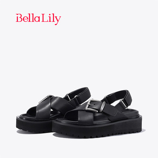 BellaLily2024春季新款黑色原创凉鞋女镂空沙滩鞋休闲厚底罗马鞋