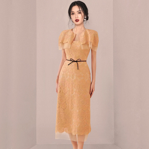 Cape Neck Bowknot Long Dress Fashion Embroidery Lace Dress