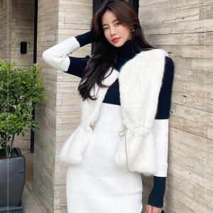 High Collar Color Contrast Knitted Skirt Sweater Dress Women