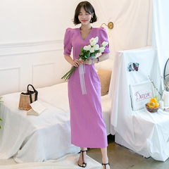2018夏装新款韩版女装气质V领短袖收腰时尚简约长裙连衣裙